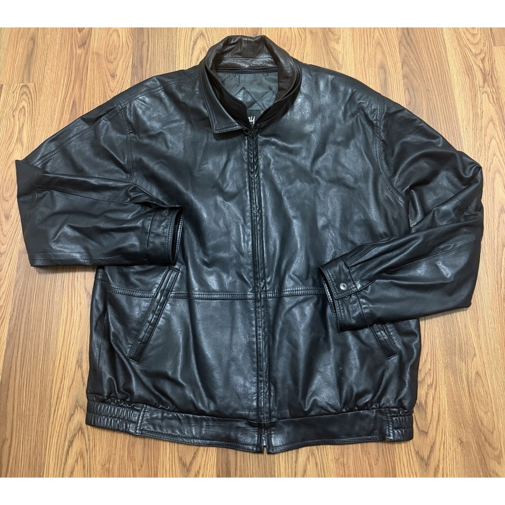 Remy Leather Jacket Mens 44 Black Brown Double Collar Bomber Made In USA